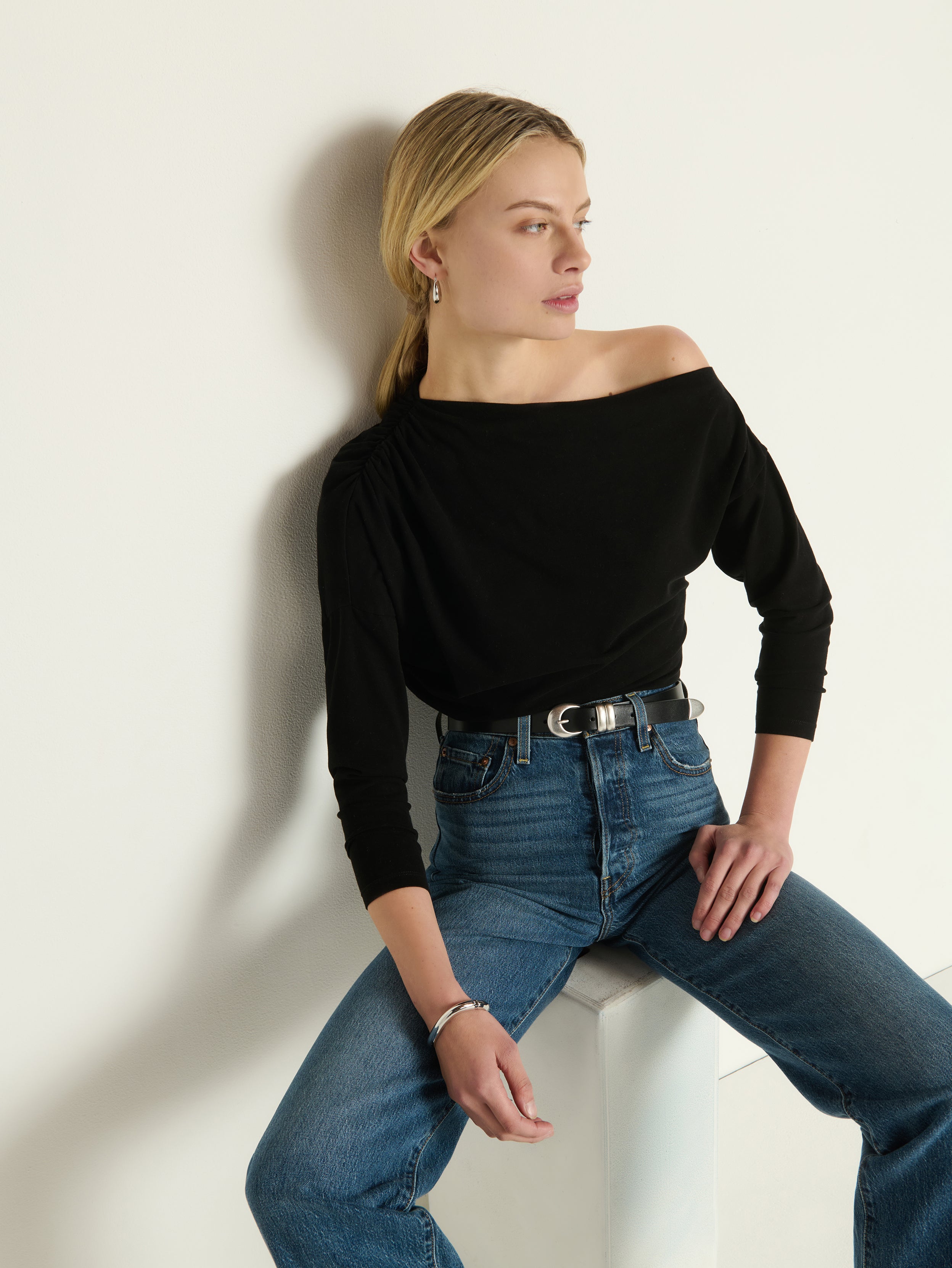 determ;  Gatered Off-shoulder Top ブラック Black Studded Metallic Off Shoulder Top | Lime Lush Boutique