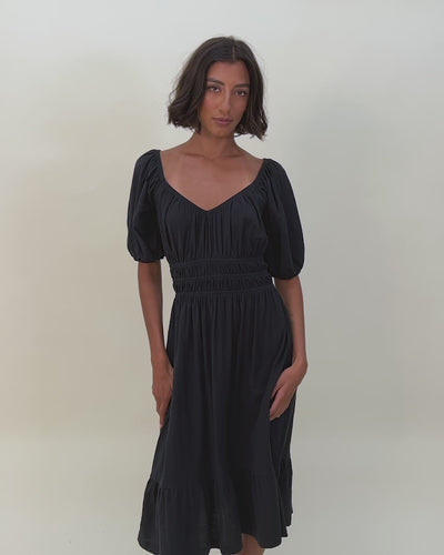 NATION LTD Fabia Shirred Puff Sleeve Midi Dress 