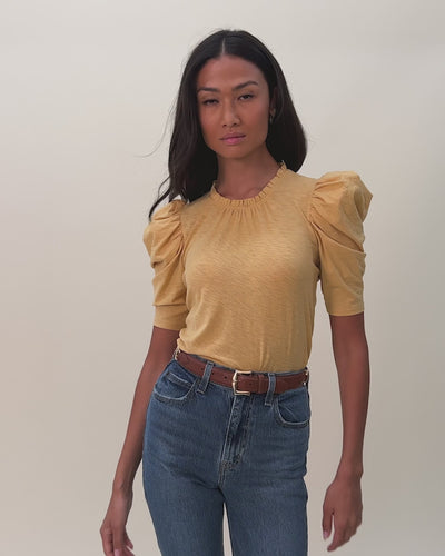 NATION LTD Emma Ruffle Collar Puff Shoulder Short Sleeve