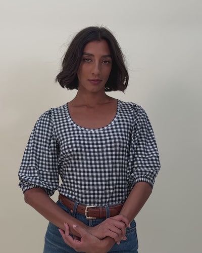 NATION LTD Nigella Checkered Scoop Neck Puff Sleeve Tee 