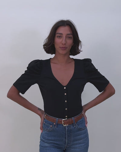 NATION LTD Peyton V Neck Puff Sleeve Button Up