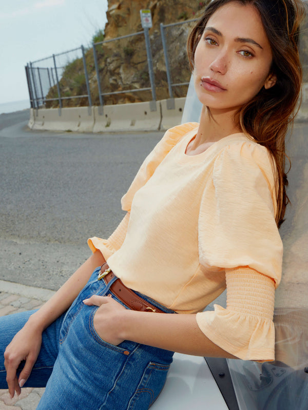 NATION LTD Cadence Smocked Puffed Flutter Peach Colored Sleeve Tee