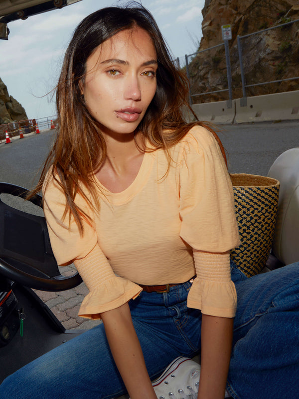 NATION LTD Cadence Smocked Puffed Flutter Peach Colored Sleeve Tee