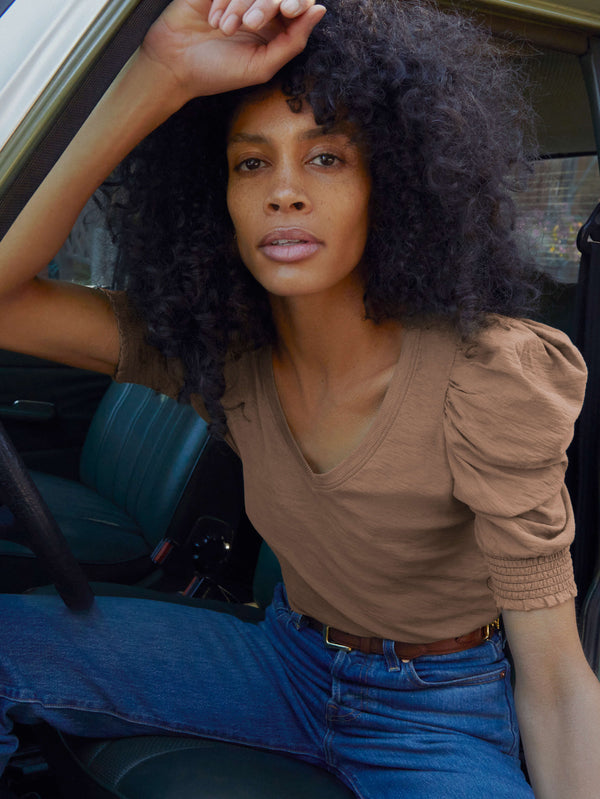 Celine Sahara Brown V Neck Puff Sleeve Tee 