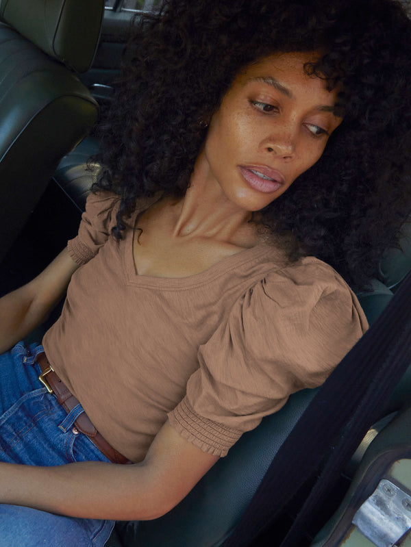Celine Sahara Brown V Neck Puff Sleeve Tee 