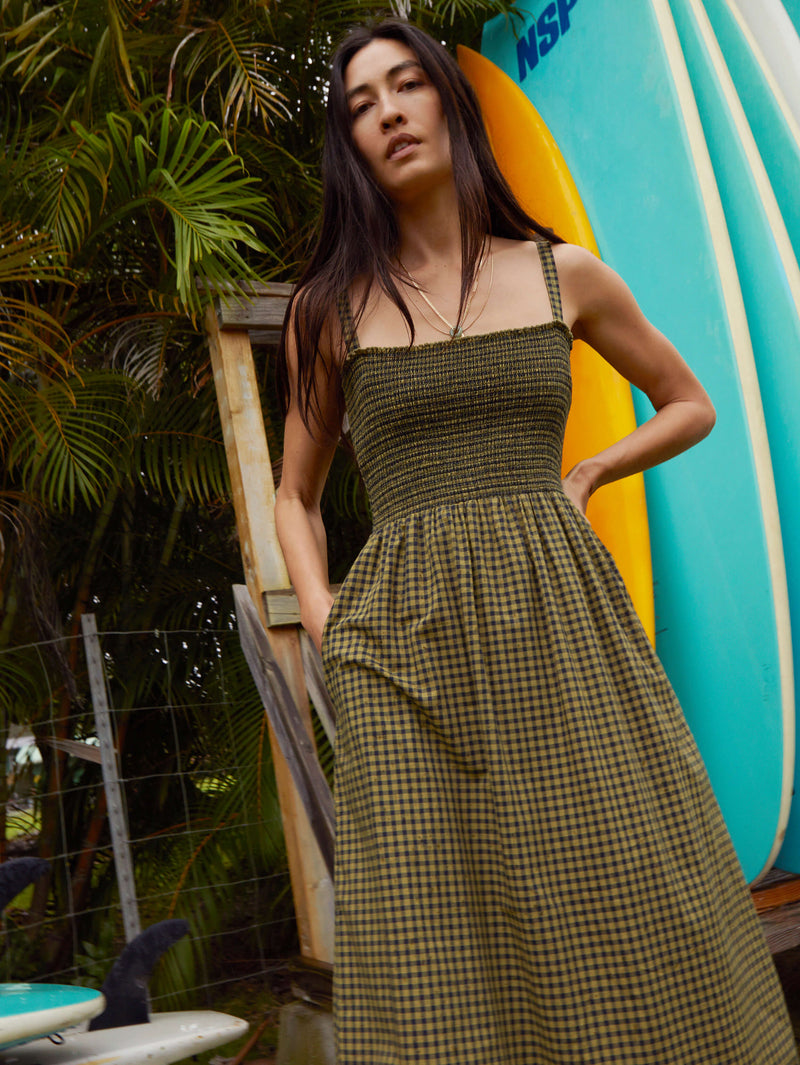 NATION LTD Embry Checkered Ruched Midi Sundress