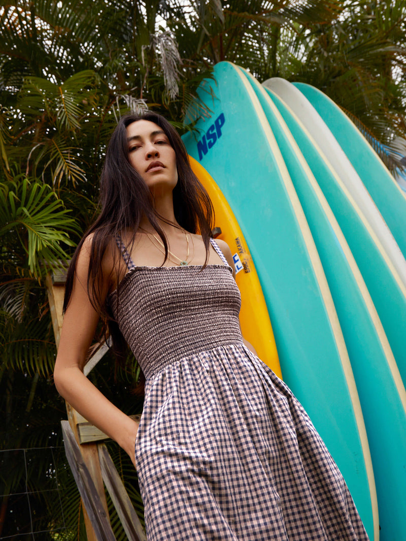 NATION LTD Embry Checkered Ruched Midi Sundress