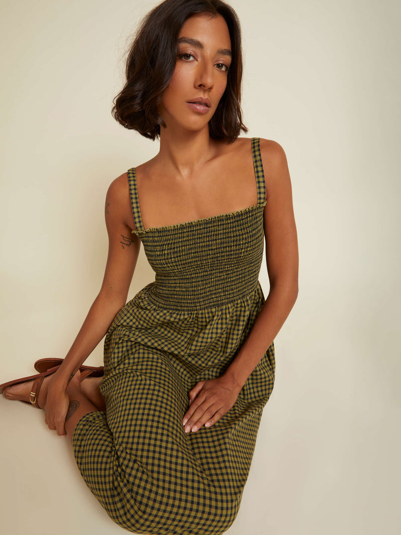 NATION LTD Embry Checkered Ruched Midi Sundress