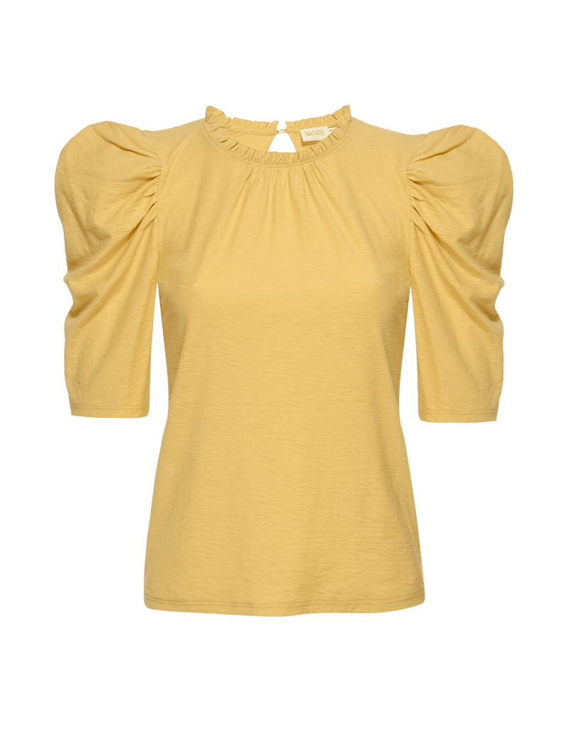 NATION LTD Emma Ruffle Collar Puff Shoulder Short Sleeve
