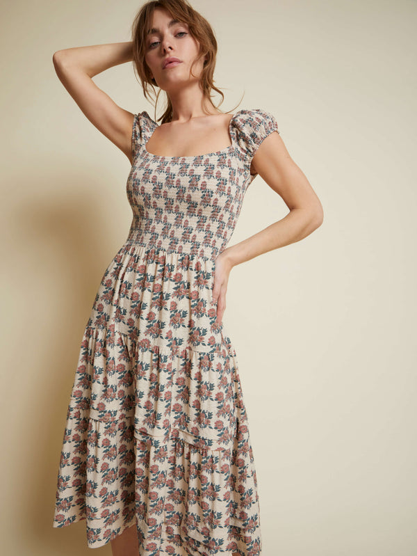 NATION LTD Faye Cap Sleeve Smocked Midi Dress