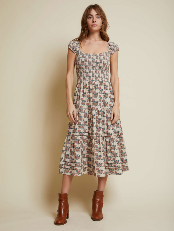 NATION LTD Faye Cap Sleeve Smocked Midi Dress