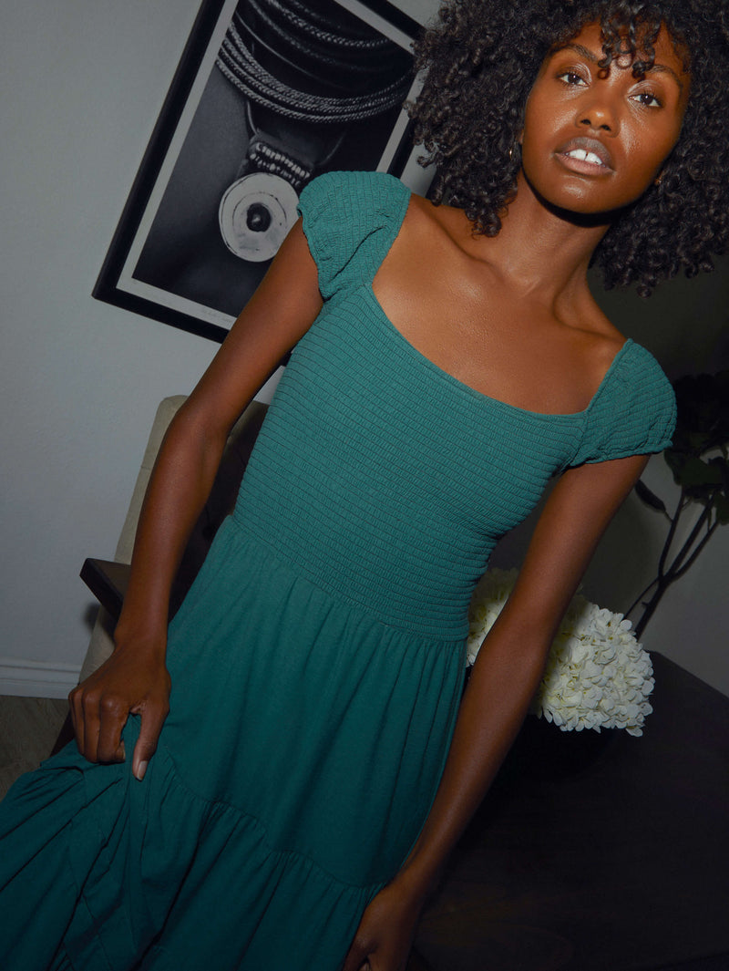 NATION LTD Faye Cap Sleeve Smocked Midi Dress
