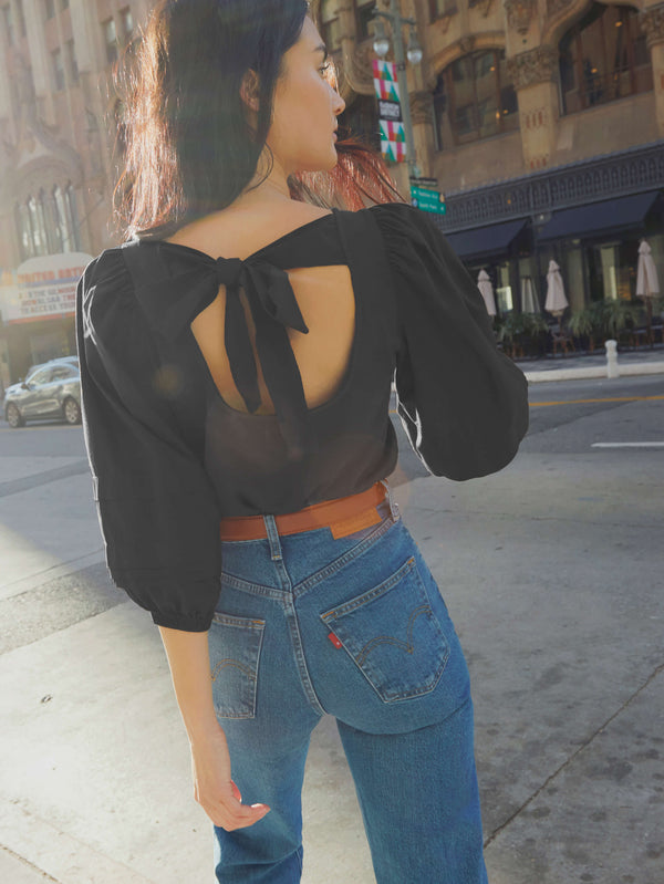 NATION LTD Gracie Bow Tie Puff Sleeve Top