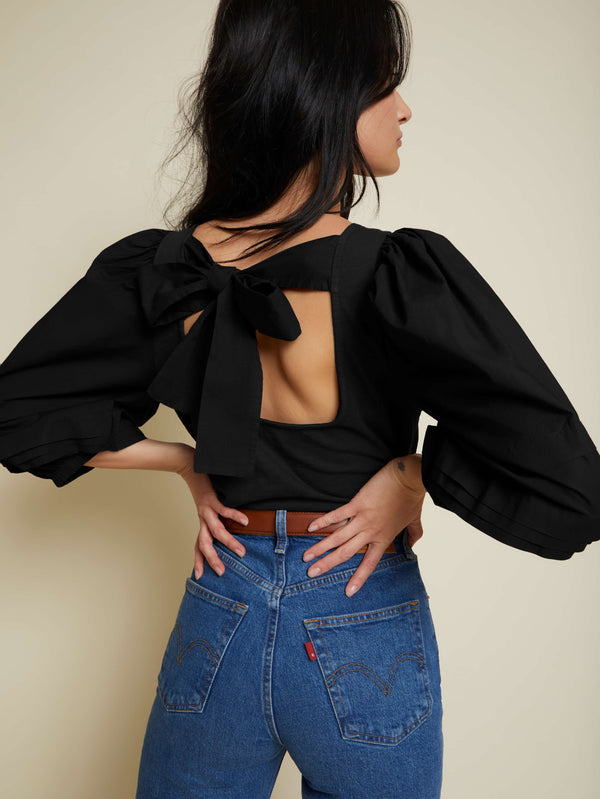 NATION LTD Gracie Bow Tie Puff Sleeve Top