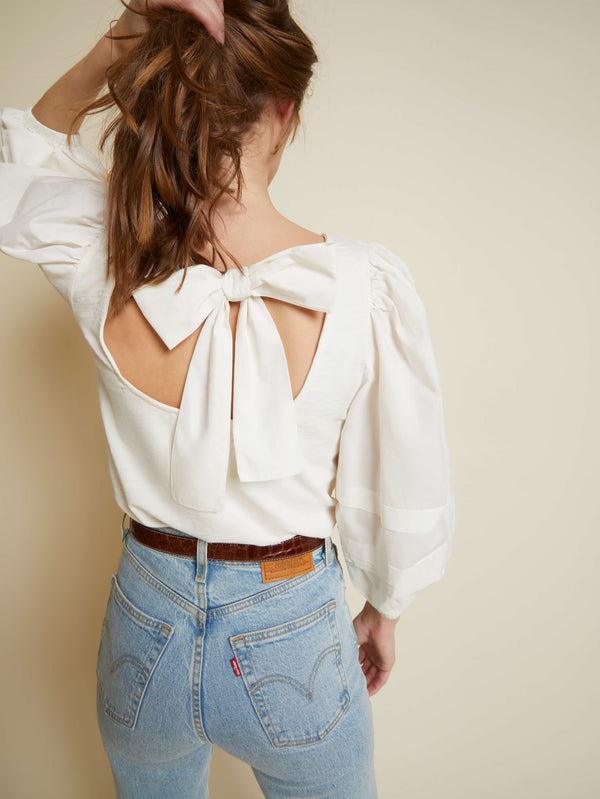 NATION LTD Gracie Bow Tie Puff Sleeve Top