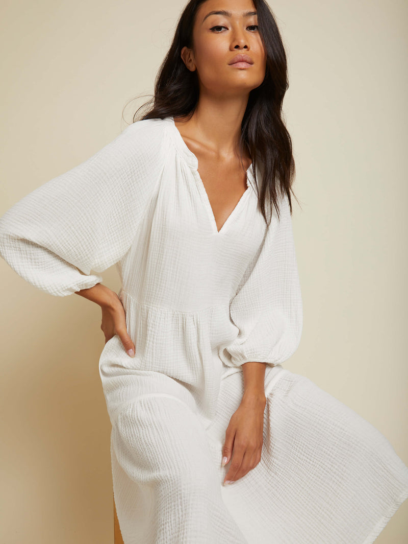 NATION LTD Imani Split Neck Puff Sleeve Tiered Maxi Dress\