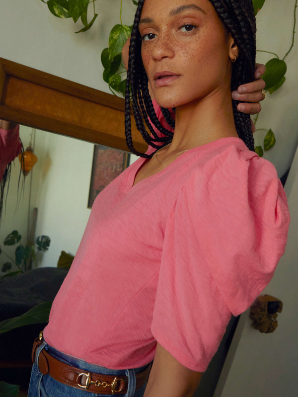 Jillian Pink Strawberry Shake Puffed Sleeve V Neck Tee by Nation LTD