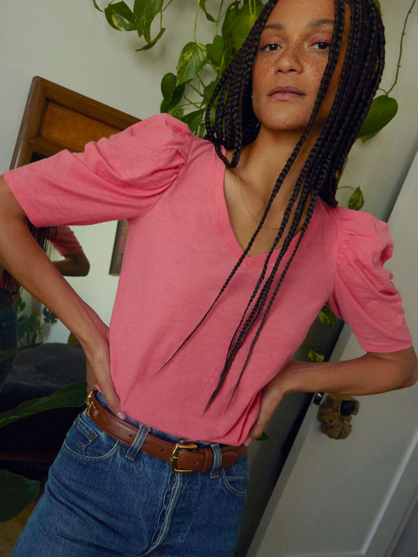 Jillian Pink Strawberry Shake Puffed Sleeve V Neck Tee by Nation LTD
