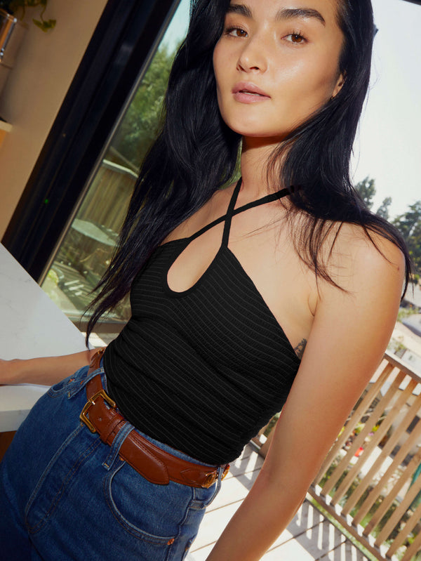 NATION LTD Kitty Smocked Halter Jet Black Tank
