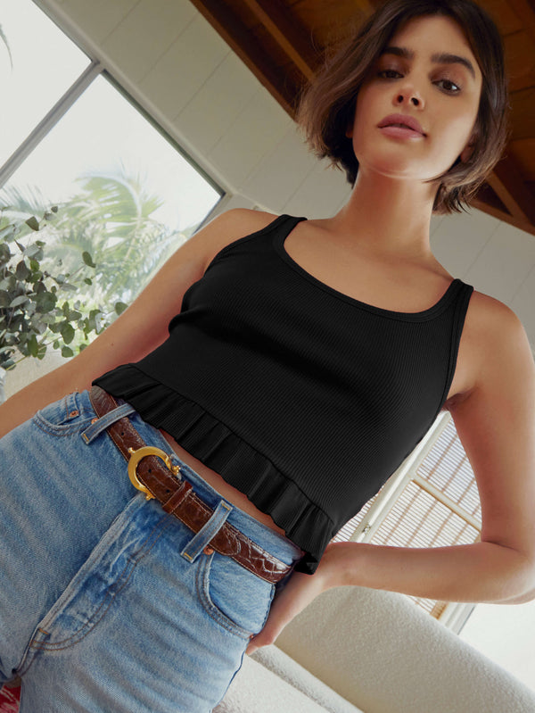 NATION LTD Langley Organic Cotton Ruffle Crop Jet Black Ribbed Tank