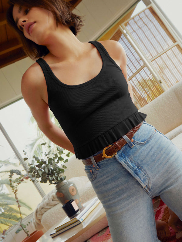 NATION LTD Langley Organic Cotton Ruffle Crop Jet Black Ribbed Tank