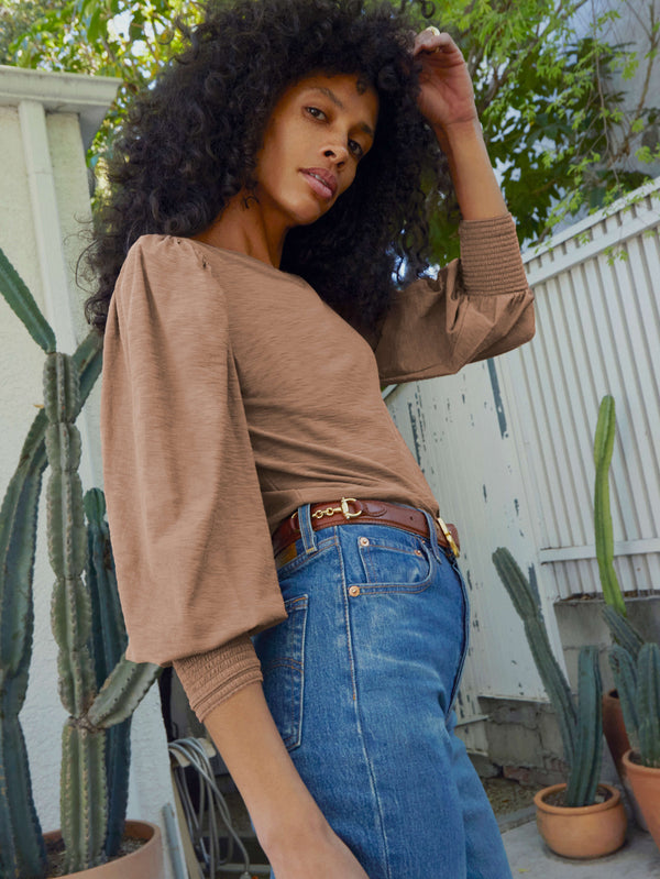 NATION LTD Loren Smocked Light Brown Sahara 3-4 Length Sleeve Peasant Tee - Side