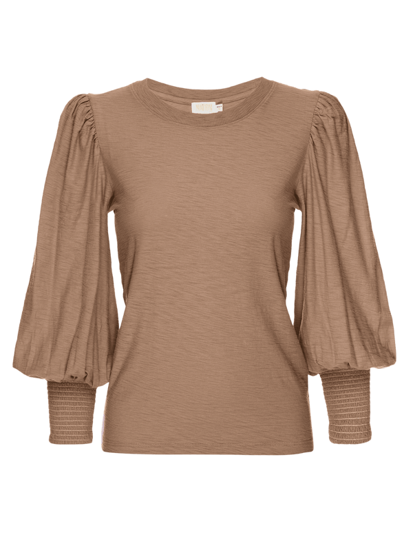 NATION LTD Loren Smocked Light Brown Sahara 3-4 Length Sleeve Peasant Tee - Side