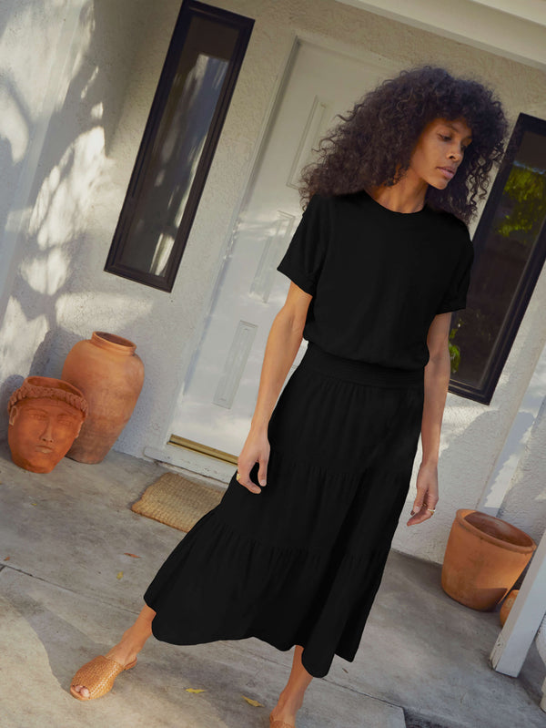 NATION LTD Martine Short Sleeve Jet Black Tiered Dress