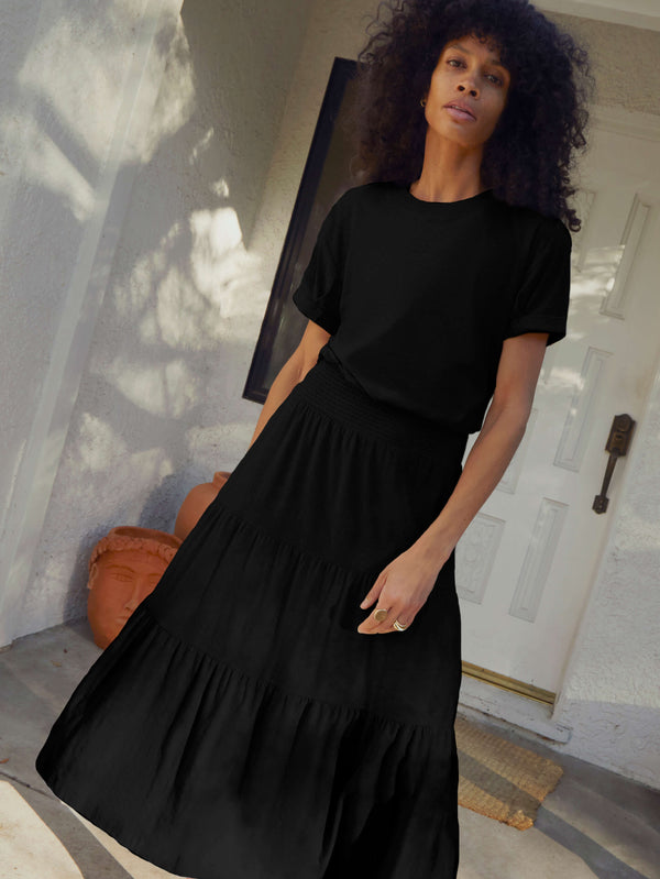NATION LTD Martine Short Sleeve Jet Black Tiered Dress