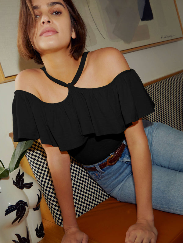 NATION LTD Morgan Ruffled Jet Black Halter Tee Shirt
