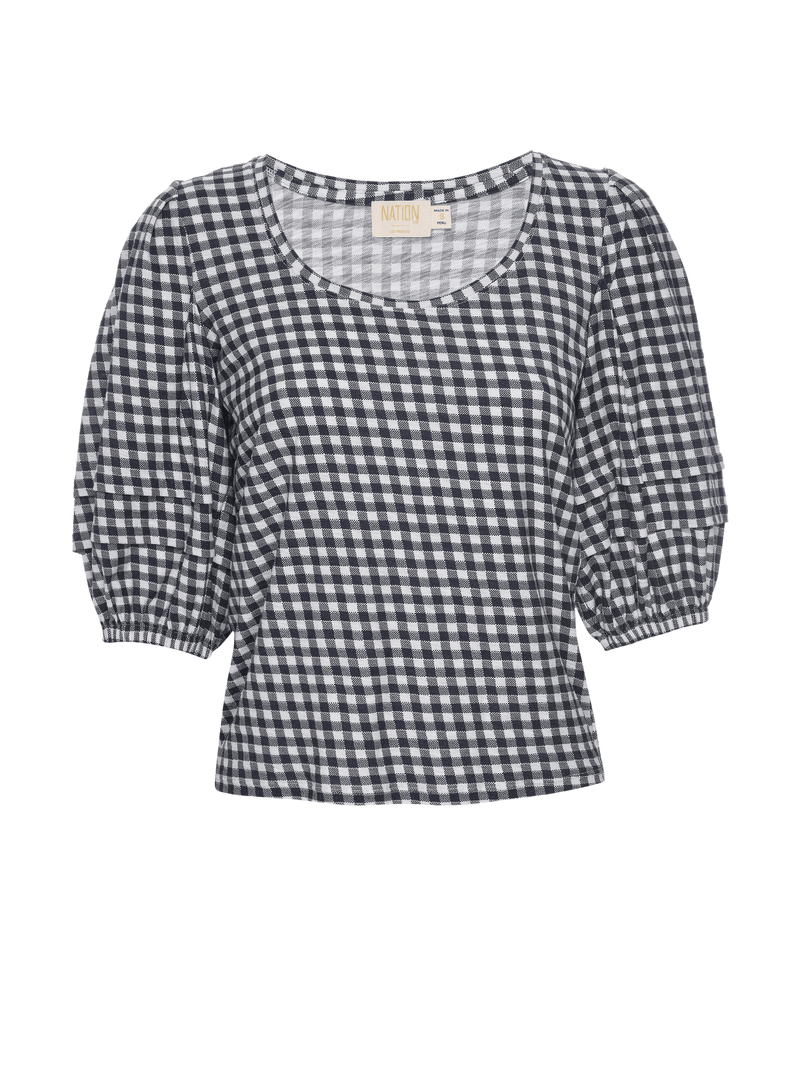 NATION LTD Nigella Checkered Scoop Neck Puff Sleeve Tee 