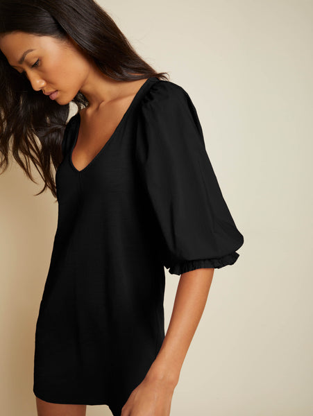 Oralia Puff Sleeve V Neck Mini Dress - Jet Black