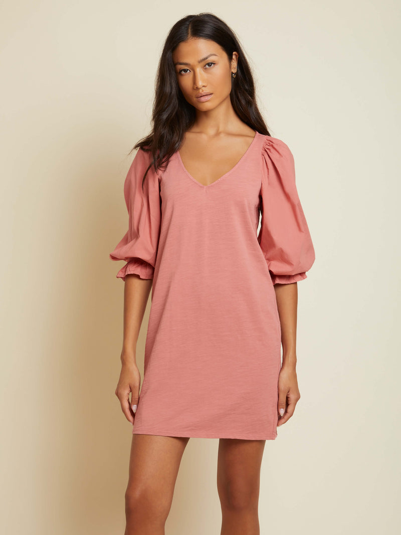NATION LTD Oralia Puff Sleeve V Neck Mini Dress