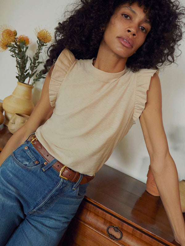 NATION LTD Paulette Ruffle Brown Almond Milk Tank
