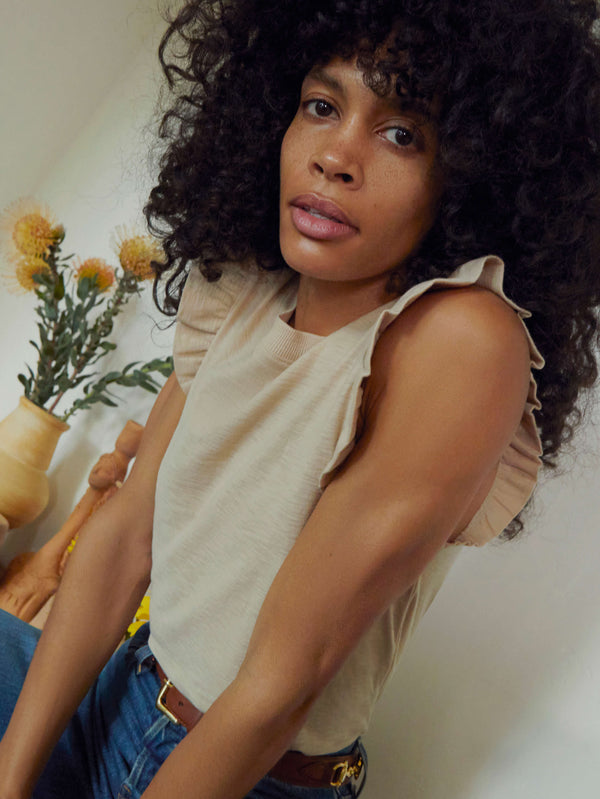 NATION LTD Paulette Ruffle Brown Almond Milk Tank