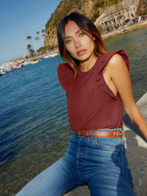 Paulette Ruffle Tank Top in Rusted Rose Red by Nation LTD