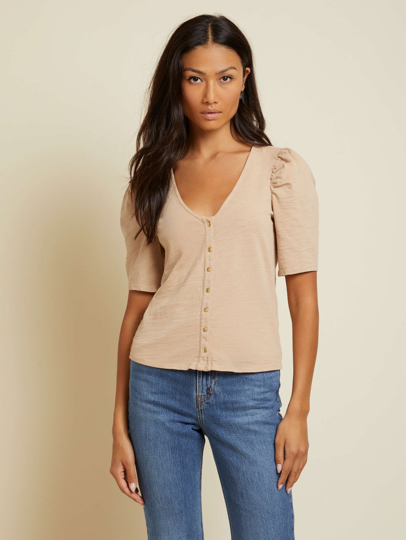 NATION LTD Peyton V Neck Puff Sleeve Button Up