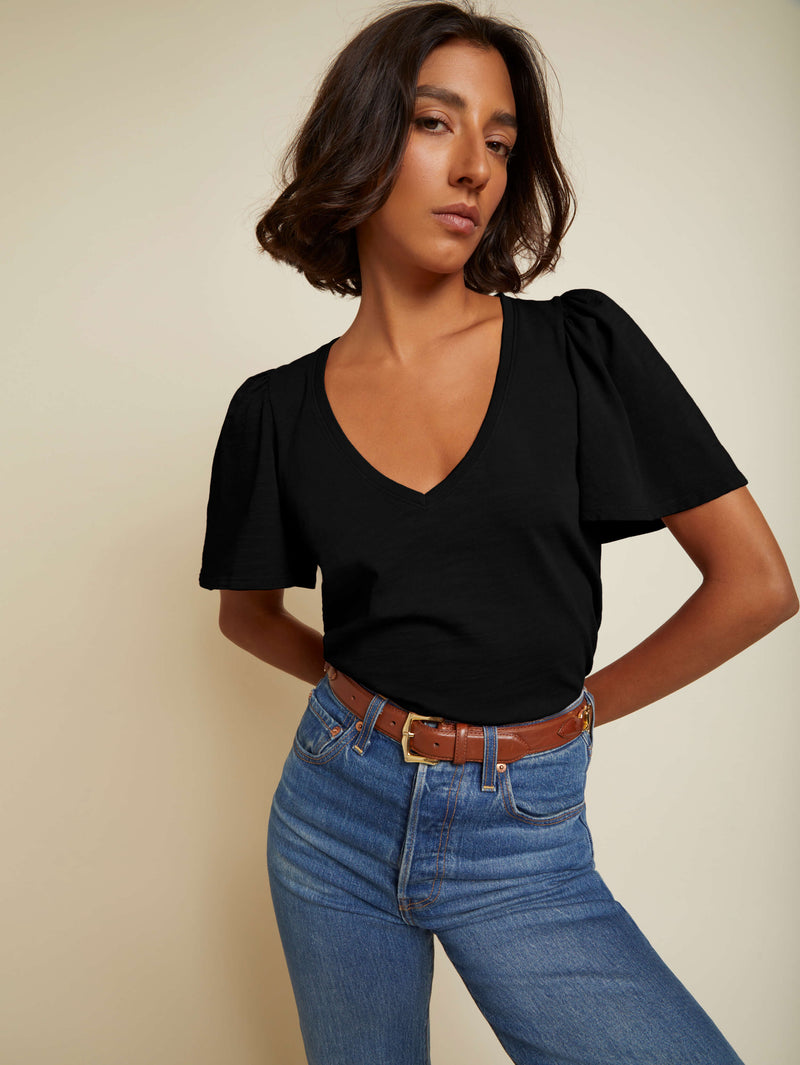 NATION LTD Vicky Flutter Sleeve V Neck Short Sleeve