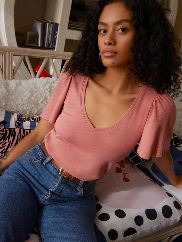 NATION LTD Vicky Flutter Sleeve V Neck Short Sleeve