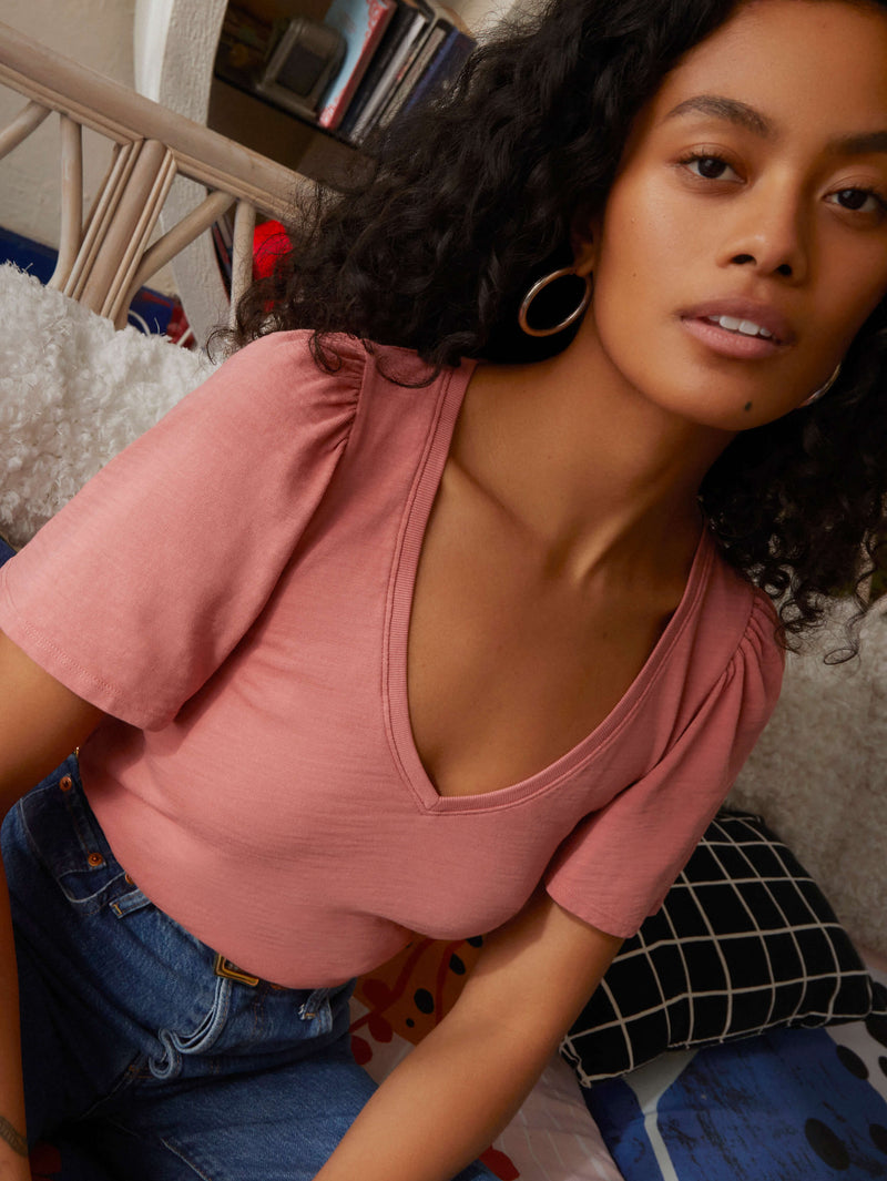 NATION LTD Vicky Flutter Sleeve V Neck Short Sleeve