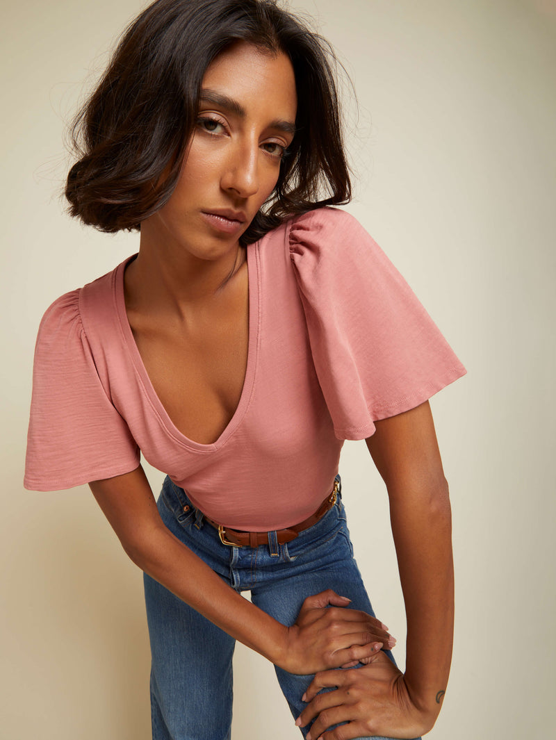 NATION LTD Vicky Flutter Sleeve V Neck Short Sleeve