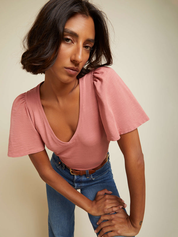 NATION LTD Vicky Flutter Sleeve V Neck Short Sleeve