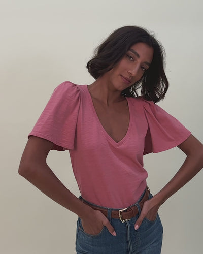 NATION LTD Vicky Flutter Sleeve V Neck Short Sleeve